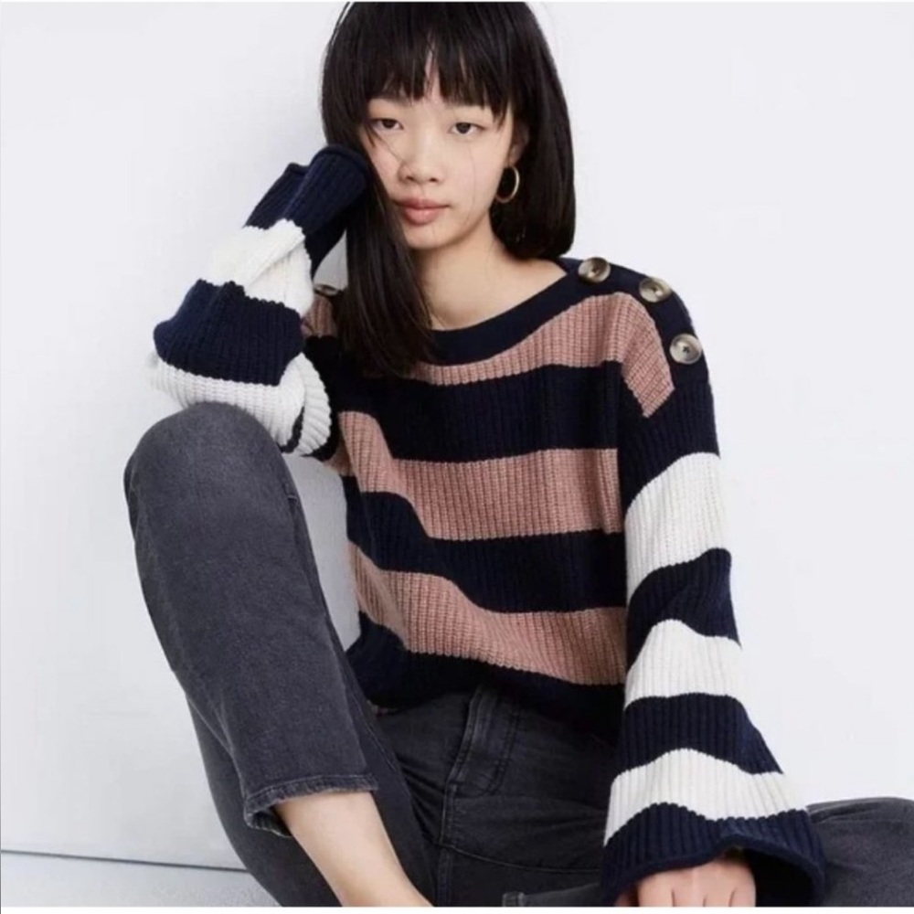 Madewell Calloway Striped Button Shoulder Sweater